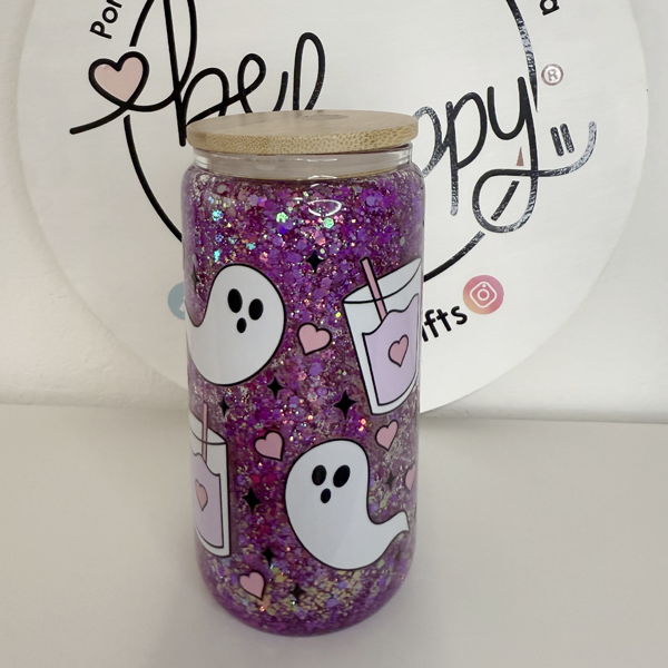 Vaso de acrilico de 16 oz con tapa de bambú fantasmitas y cafecito