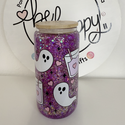 Vaso de acrilico de 16 oz con tapa de bambú fantasmitas y cafecito