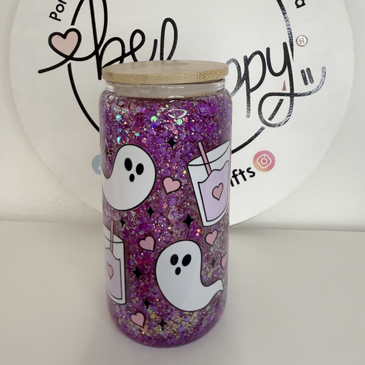 Vaso de acrilico de 16 oz con tapa de bambú fantasmitas y cafecito