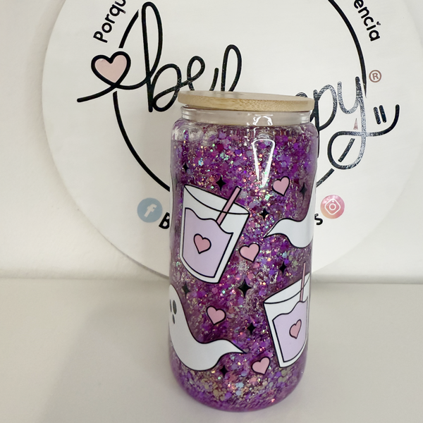 Vaso de acrilico de 16 oz con tapa de bambú fantasmitas y cafecito