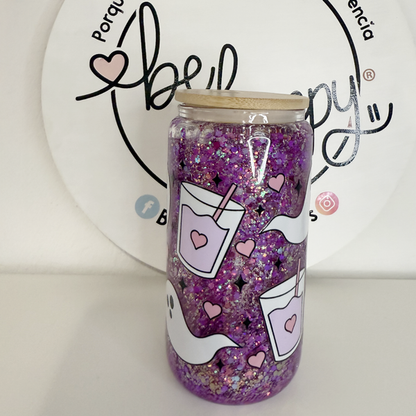 Vaso de acrilico de 16 oz con tapa de bambú fantasmitas y cafecito