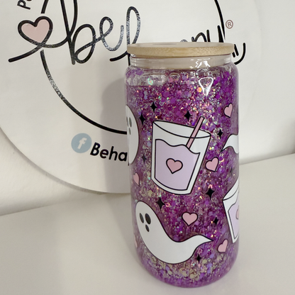 Vaso de acrilico de 16 oz con tapa de bambú fantasmitas y cafecito