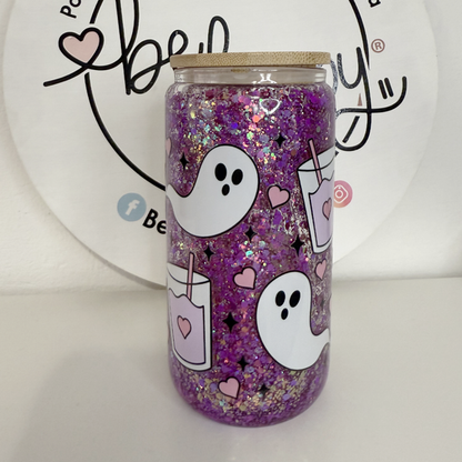 Vaso de acrilico de 16 oz con tapa de bambú fantasmitas y cafecito