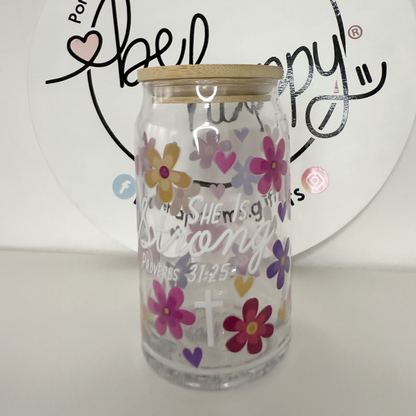 Vaso de vidrio de 16 oz She is Strong
