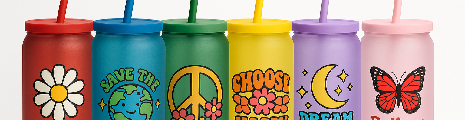 vasos de 550ml de vidrio de colores mate con tapas y popotes del mismo color del vaso, cada vaso tiene una impresion en dtf